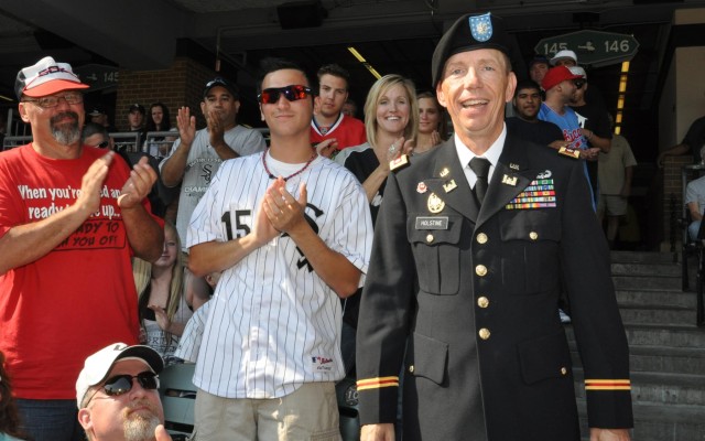 Lt. Col. William Holstine receives recognition at the Chicago White Sox "Hero of the Game"