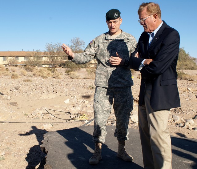 Fort Irwin garrison commander briefs Congressman Cook on flood damage recovery efforts