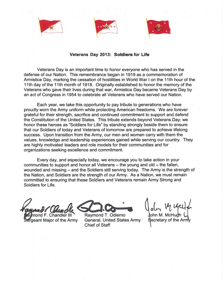 2013 Veterans Day Trisigned Letter Article The United States Army