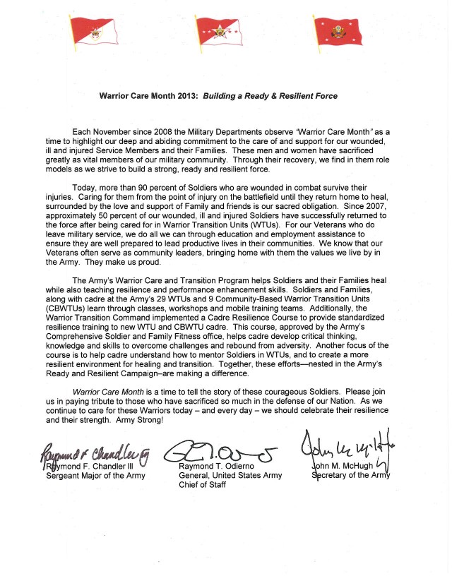 2013 Warrior Care Month tri-signed letter