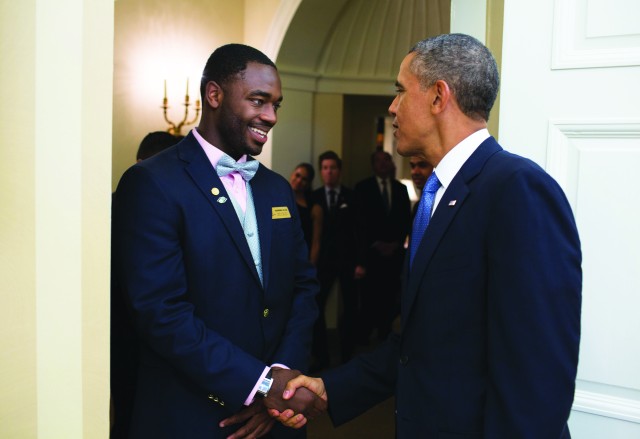 Military youth of the year, son of USAREC NCO, receives congratulations from president