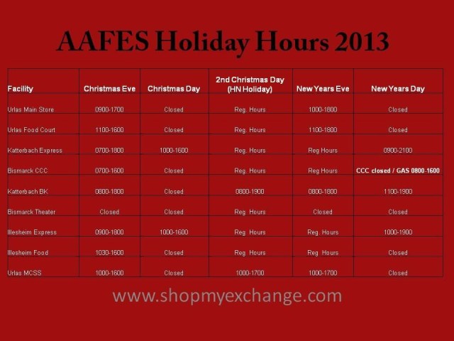AAFES Holiday Hours 2013