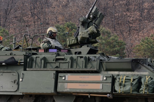 M1135 Stryker NBCRV or Nuclear, Biological, Chemical, Reconnaissance Vehicle preparing to shoot live rounds at Rodriguez Live Fire Complex, South Korea,