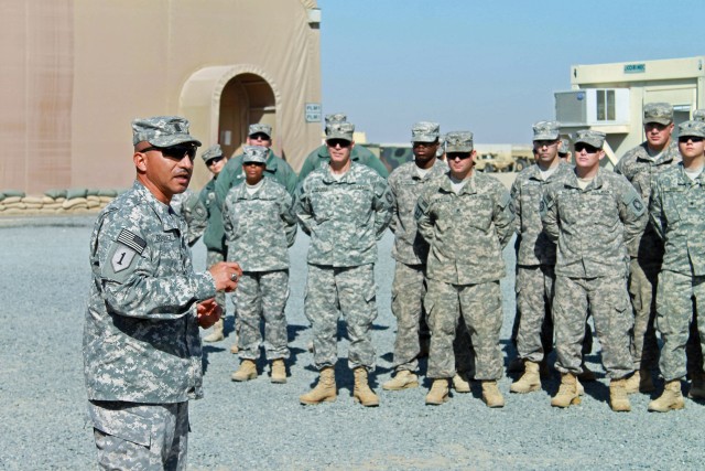 CSM Dominguez addresses the Soldiers of 1-44 ADA