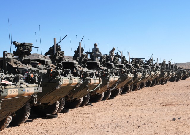 Line of Stryker vehicles at National Training Center