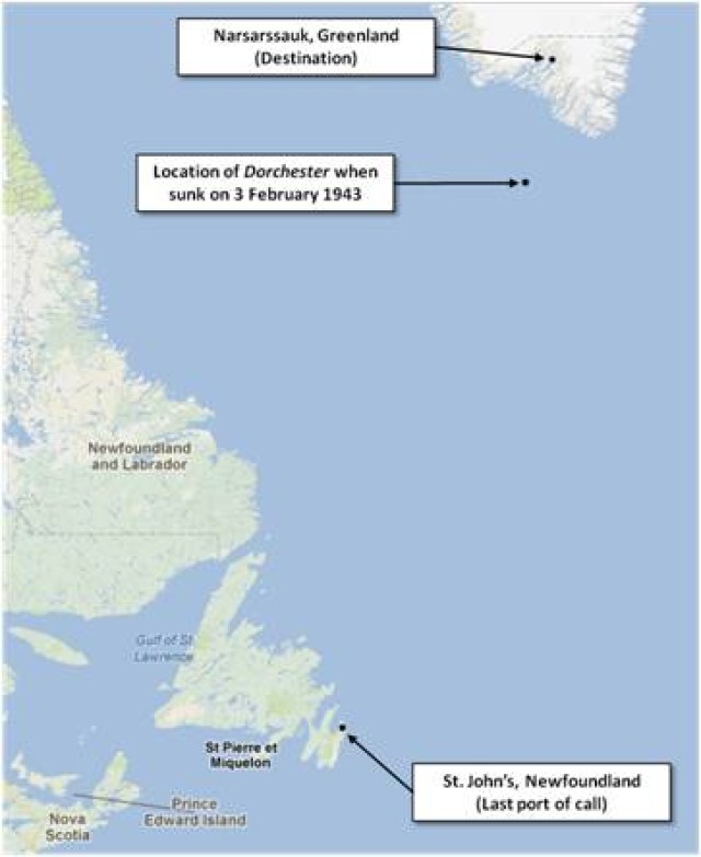 Map of the USS Dorchester's Route