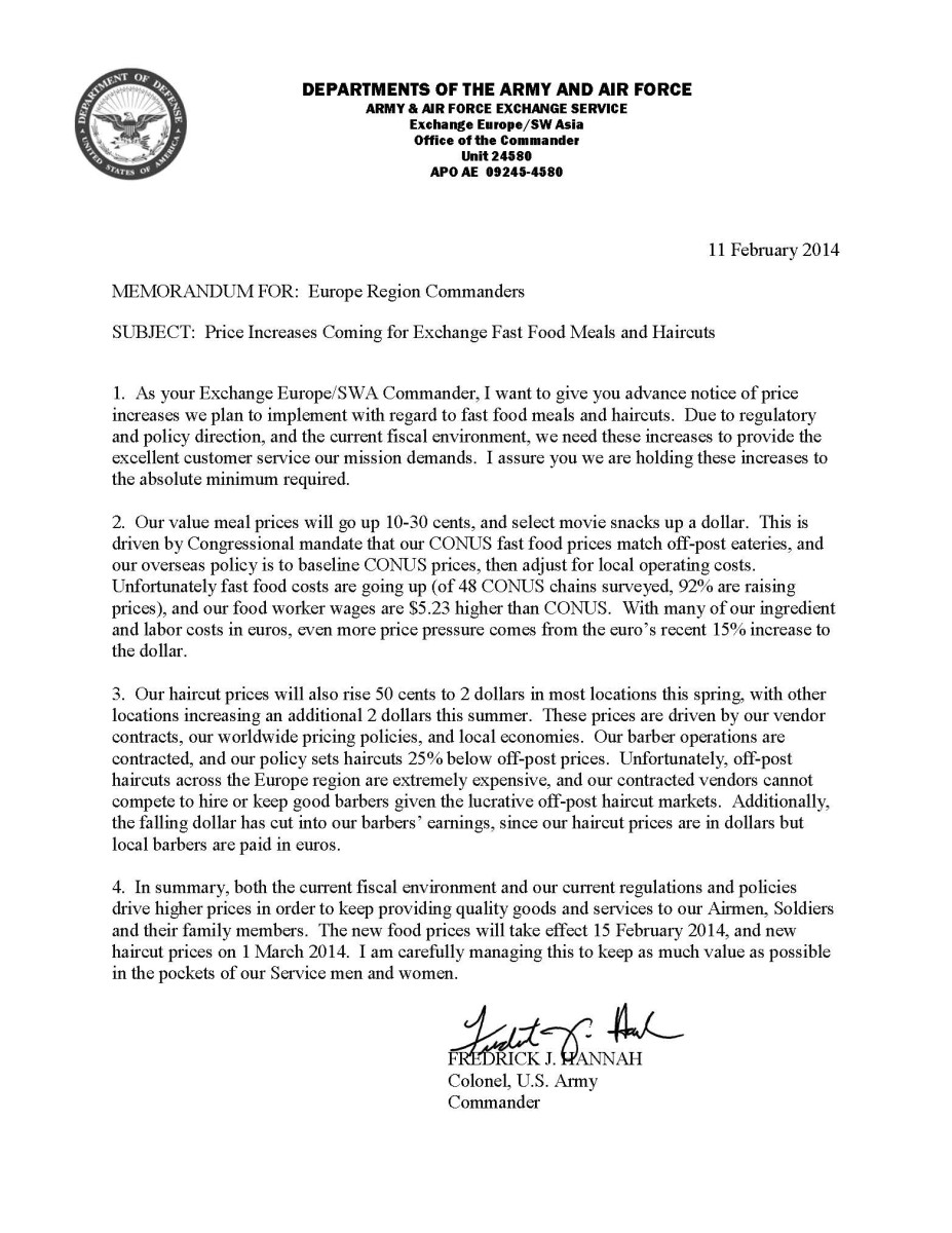 Advance notice of price increases for AAFES fast food and haircuts Article The United States