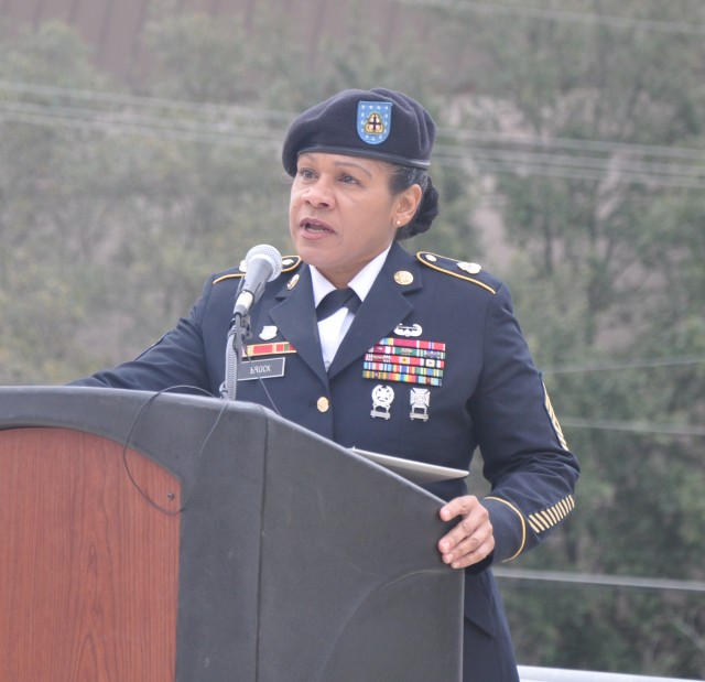 Command Sgt. Maj. Donna Brock, Command Sergeant Major U.S. Army Medical Command, addresses the audience during the 127th Anniversary of the Army Enlisted Medical Corps