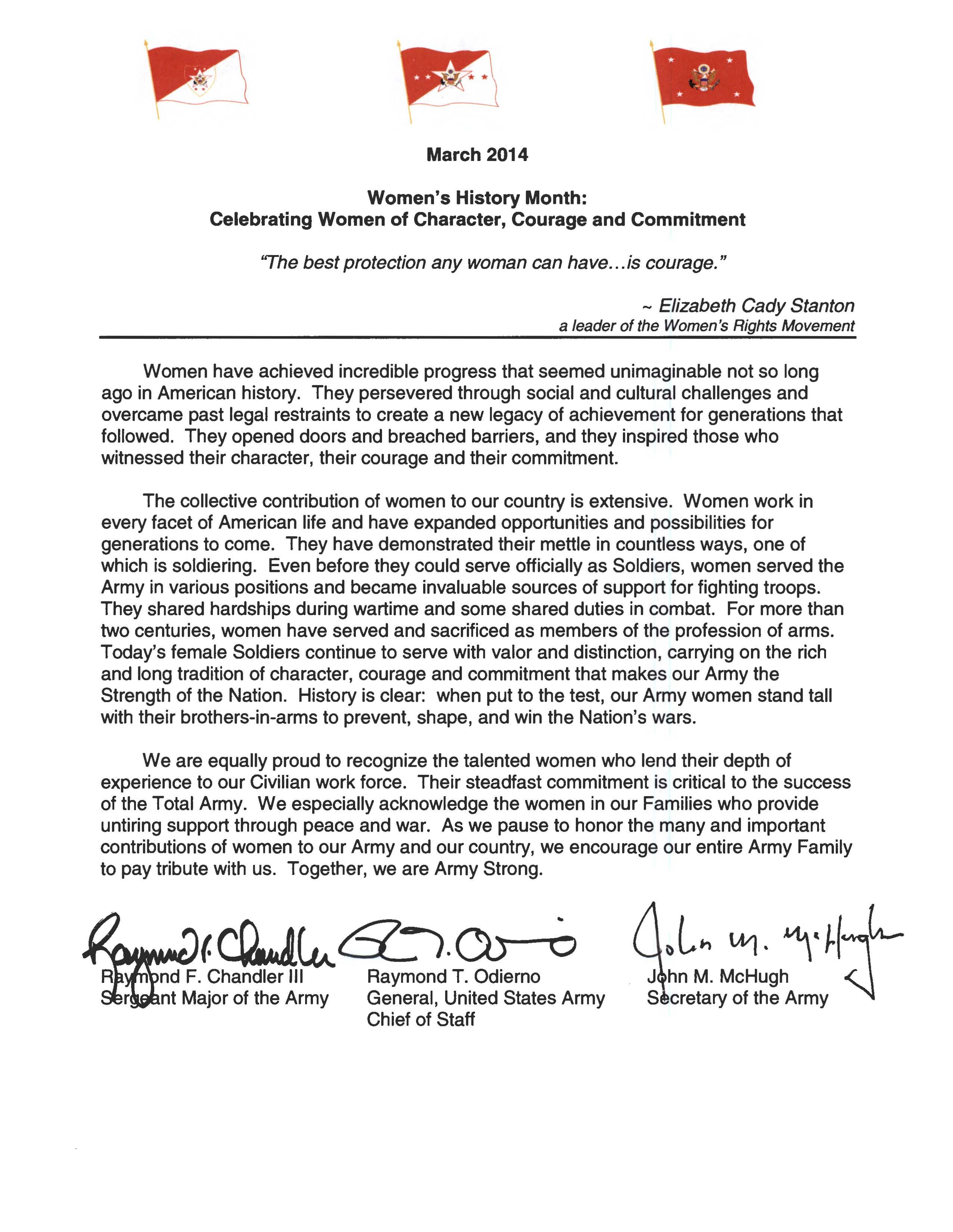 2014 Womens History Month Tri Signed Letter Article The United States Army 