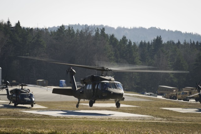 UH-60 Blackhawk helicopter takes off during training at Hohenfels, Germany