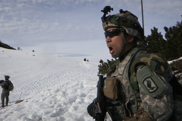 U.S. Army 1Lt. Justin Hicksleads his platoon against enemy forces during a mission readiness exercise at Reiteralpe