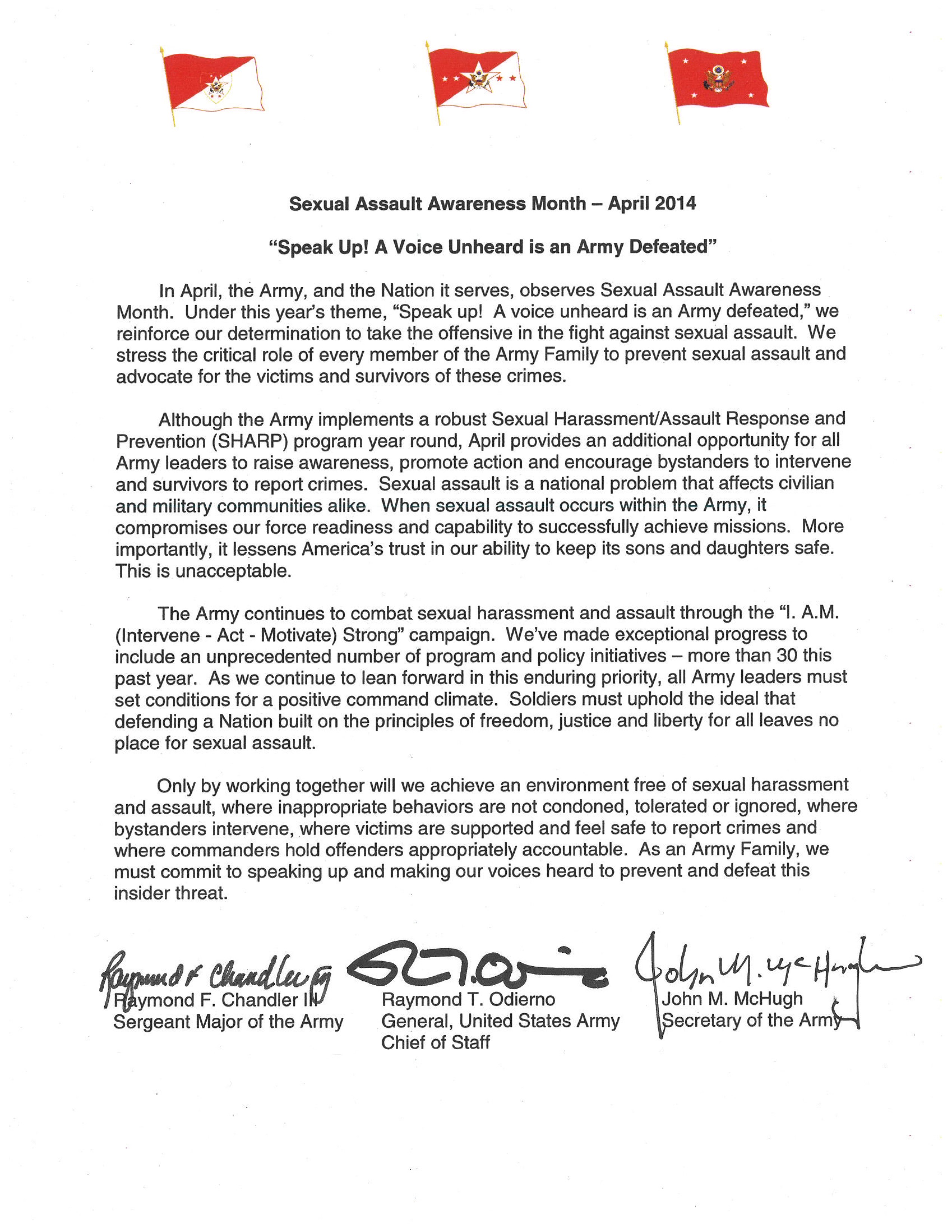 Sexual Assault Awareness Month April 2014 Tri Signed Letter Article The United States Army