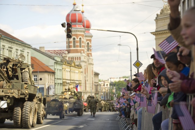 A motorcade of authentic WWII-era U.S. military vehicles are displayed during the Pilsen Liberation Festival