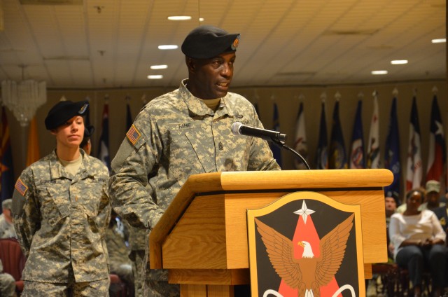 Command Sgt. Maj. Norriel Fahie addresses audience members