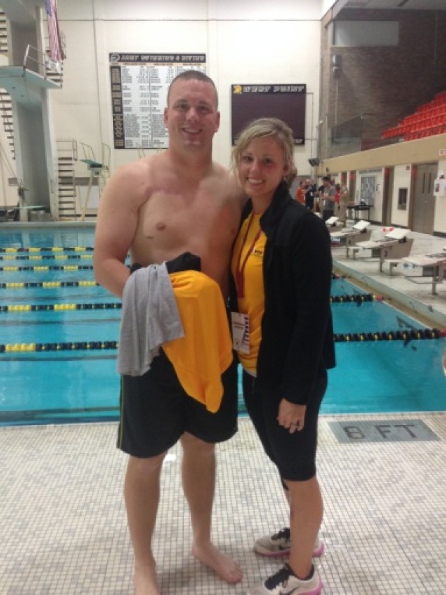 Cara and Sgt. Hasting at swim practice for the 2014 U.S. Army Warrior Trials 
