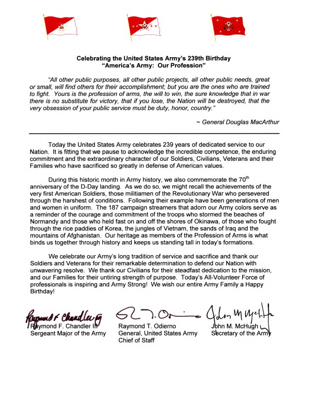 239th Army Birthday tri-signed letter: "America's Army: Our Profession"