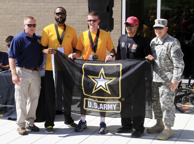 Men's recumbent cycling medal ceremony at 2014 U.S. Army Warrior Trials  