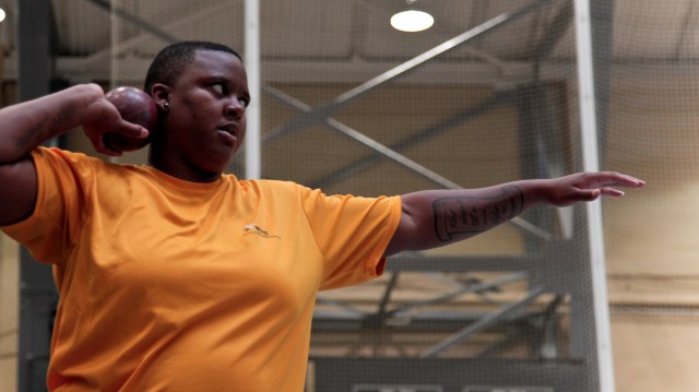 Sgt. Monica Southall has her eyes on a fourth gold medal in shot put while she trains for the 2014 U.S. Army Warrior Trials