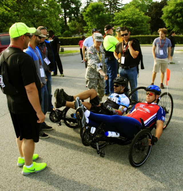 Army athletes line up their recumbent bikes before the start of the Warrior Trials 