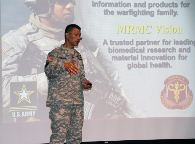 Maj. Gen. Caravalho Jr. shares the mission and vision of MRMC with Tripler staff