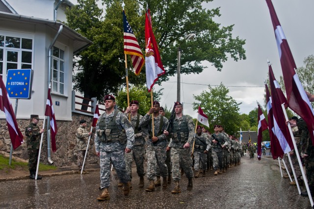 U.S. paratroopers march in Estonian Victory Day parade