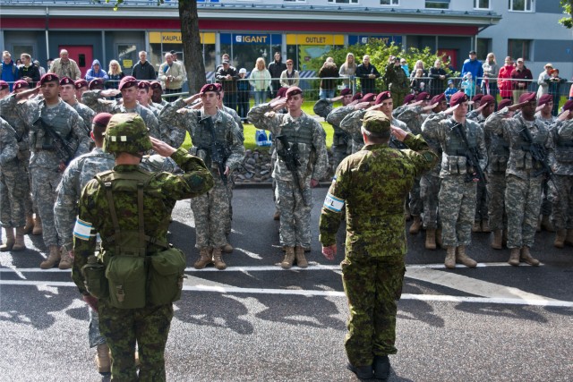 U.S. paratroopers march in Estonian Victory Day parade