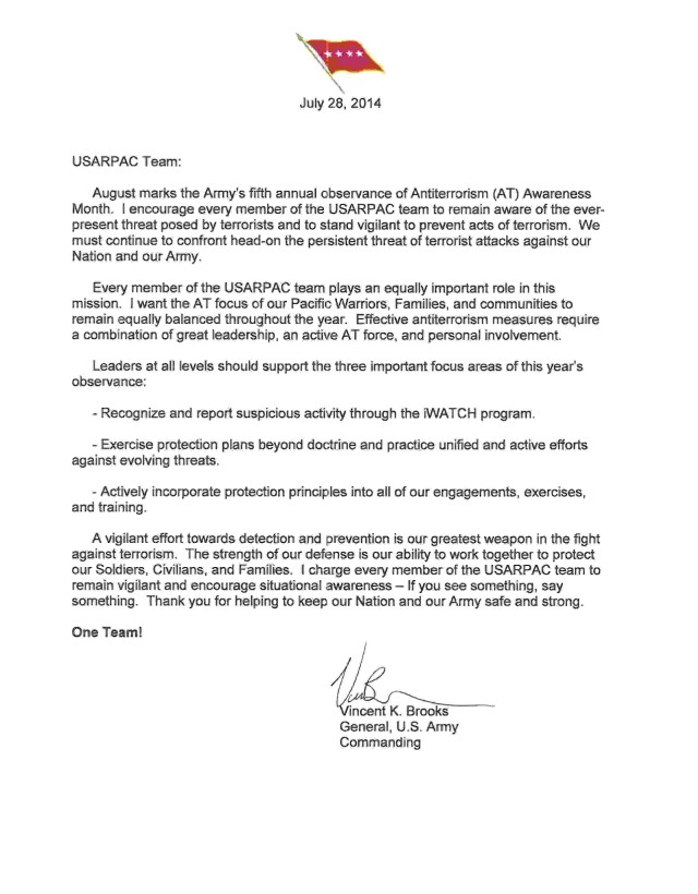 Anti-Terrorism Awareness Month message from USARPAC commanding general