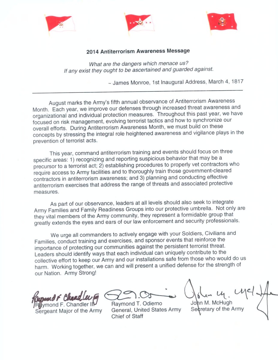 Antiterrorism Awareness trisigned letter 2014 Antiterrorism Awareness