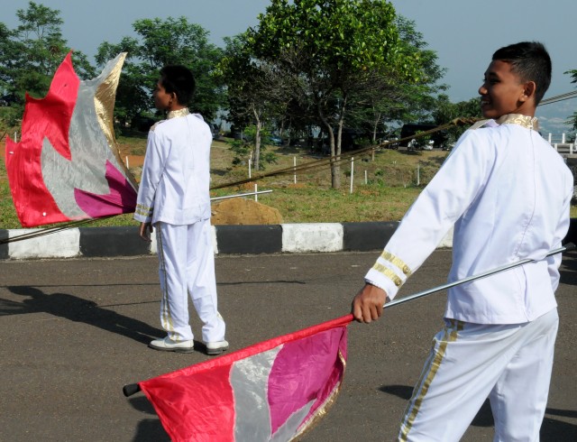 Indonesian band flag members rehearse for the opening ceremony