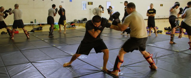 Instructors and students spar
