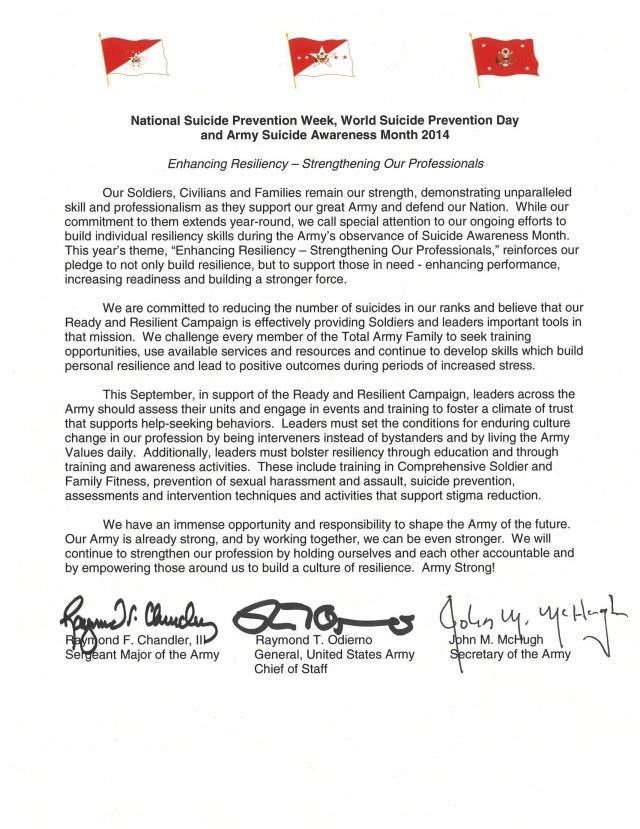 Army Suicide Awareness Month 2014 tri-signed letter