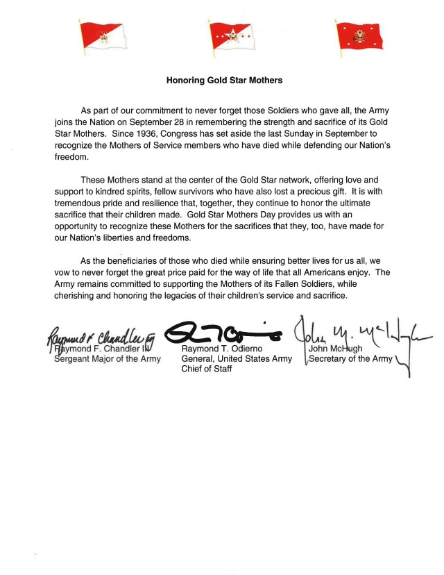 Gold Star Mothers Day 2014 tri-signed letter