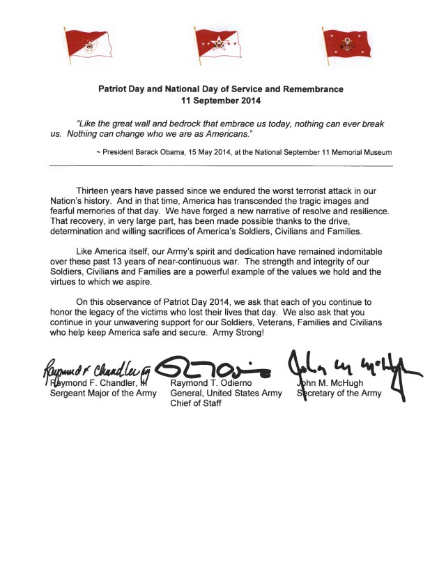 2014 Patriot Day tri-signed letter