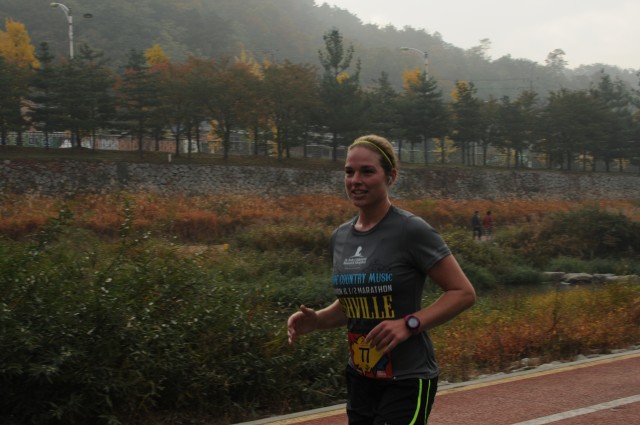 Twenty-six year old Army 1st Lt. Brooke Withers runs in the first Shadow Marine Corps Marathon in South Korea