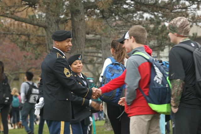 Army Reserve soldiers meet students at New Trier High School during Veterans Day event