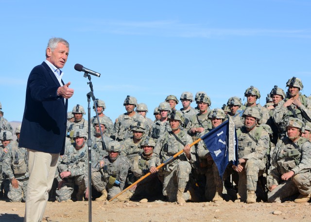 Secretary of Defense Chuck Hagel addresses Soldiers