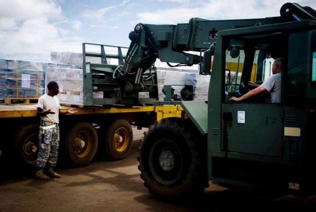 688th Rapid Port Opening Element load food and water in Liberia