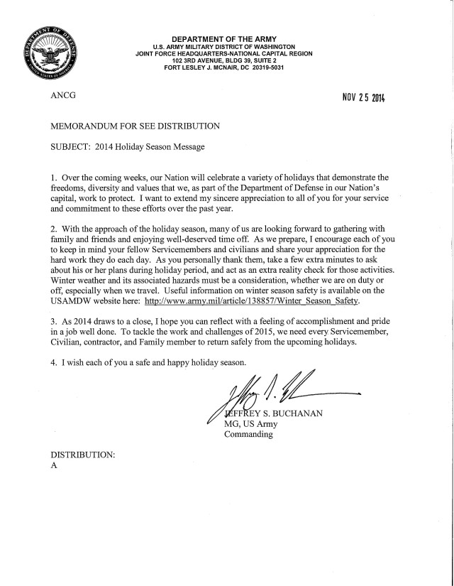 2014 JFHQ-NCR/MDW Holiday Season Message
