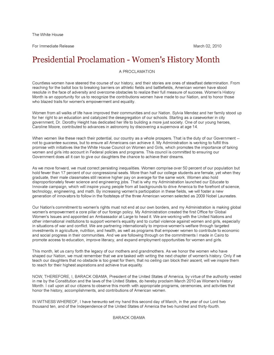 Presidential Proclamation Women's History Month Article The