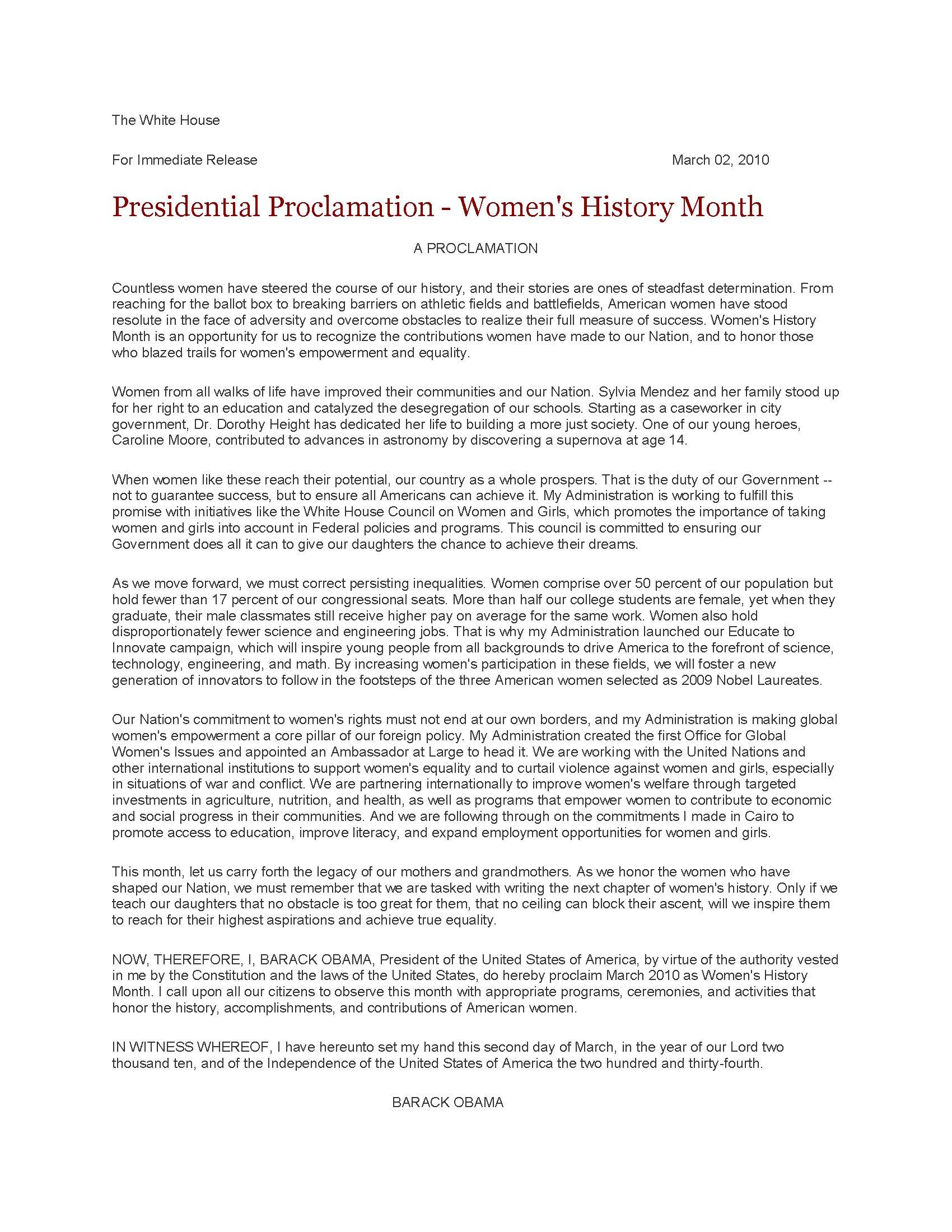 Presidential Proclamation Women's History Month Article The