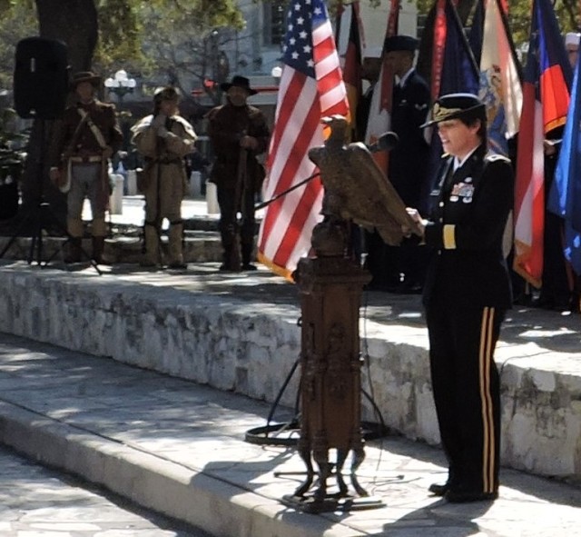 Maj. Gen. Jimmie Keenan, Deputy Commanding General (Operations), US Army Medical Command,  addresses more than 500 people who gathered at the Alamo on Friday March 6