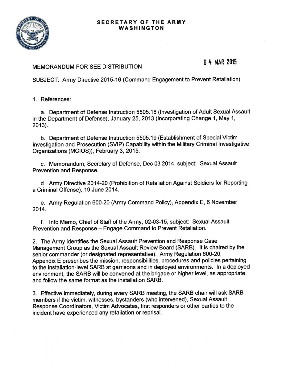 Army Directive 201516 Command Engagement to Prevent Retaliation Article The United States