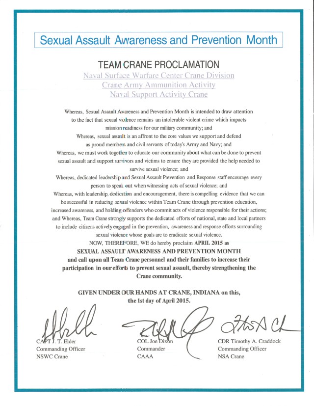 Crane Commanders Sign Sexual Assault Awareness and Prevention Month Proclamation