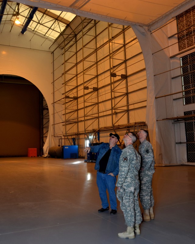 Chaplain (Col.) Mark A. Penfold, Army Test and Evaluation Command, Chaplain (Maj.) Bernard Cornell of Dugway and Gary Millar, branch chief of the Test Support Division inside the Joint Ambient Breeze