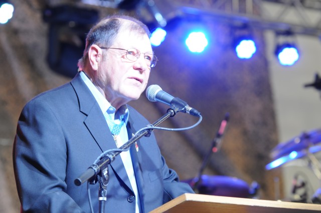 Congressional Medal of Honor recipient Harold A. Fritz speaks at Fort Irwin