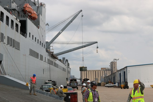 Unloading of cargo from the USNS Mendonca at the Port of Beaumont, Texas.