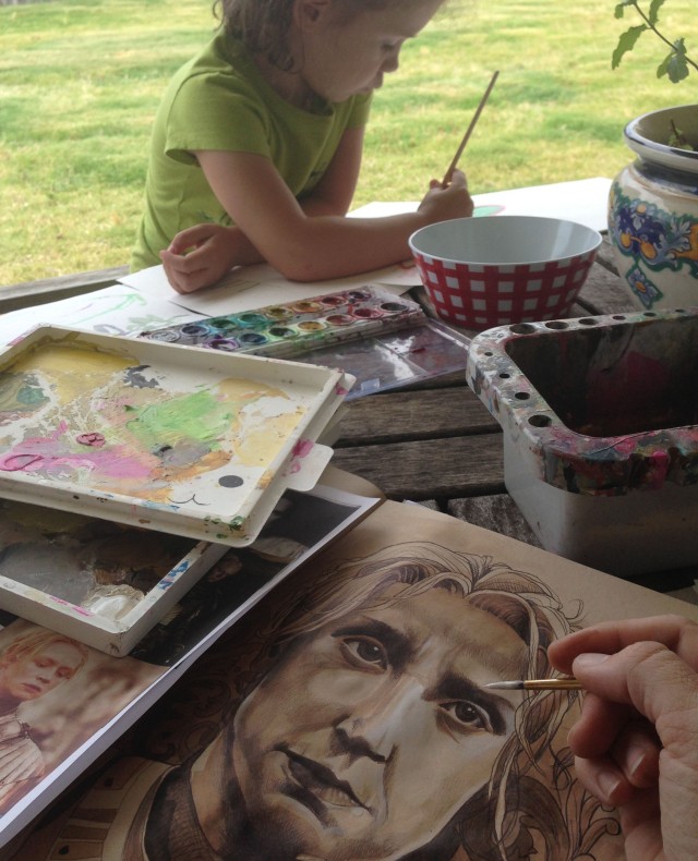 Mica Hendricks and her daughter Myla during arts and crafts time