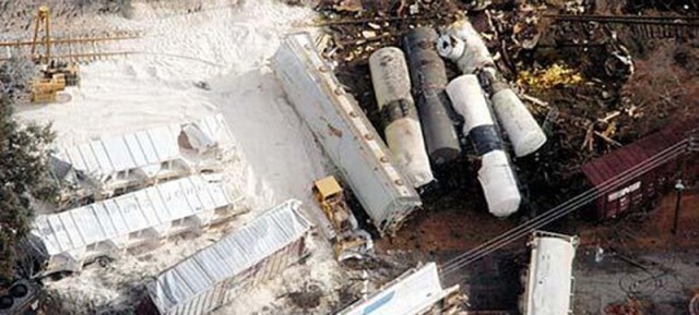 Aerial photograph of the freight train cars derailed in Graniteville, S.C