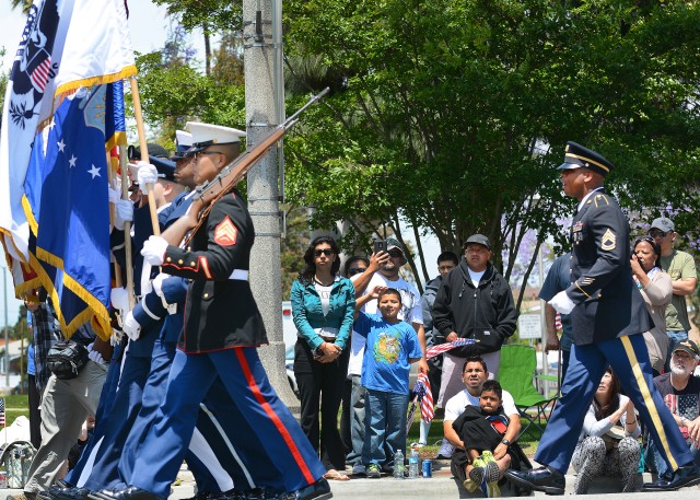 Sgt. 1st Class Christian Jackson, NCOIC of a joint color guard, at 2015 Torrance Armed Forces Day Parade