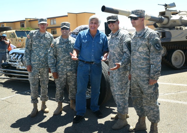 Pfc. John Savala, Sgt. Isidro Viramontes, Jay Leno, Spc. Louis Werrick and Pfc. Luke Risner